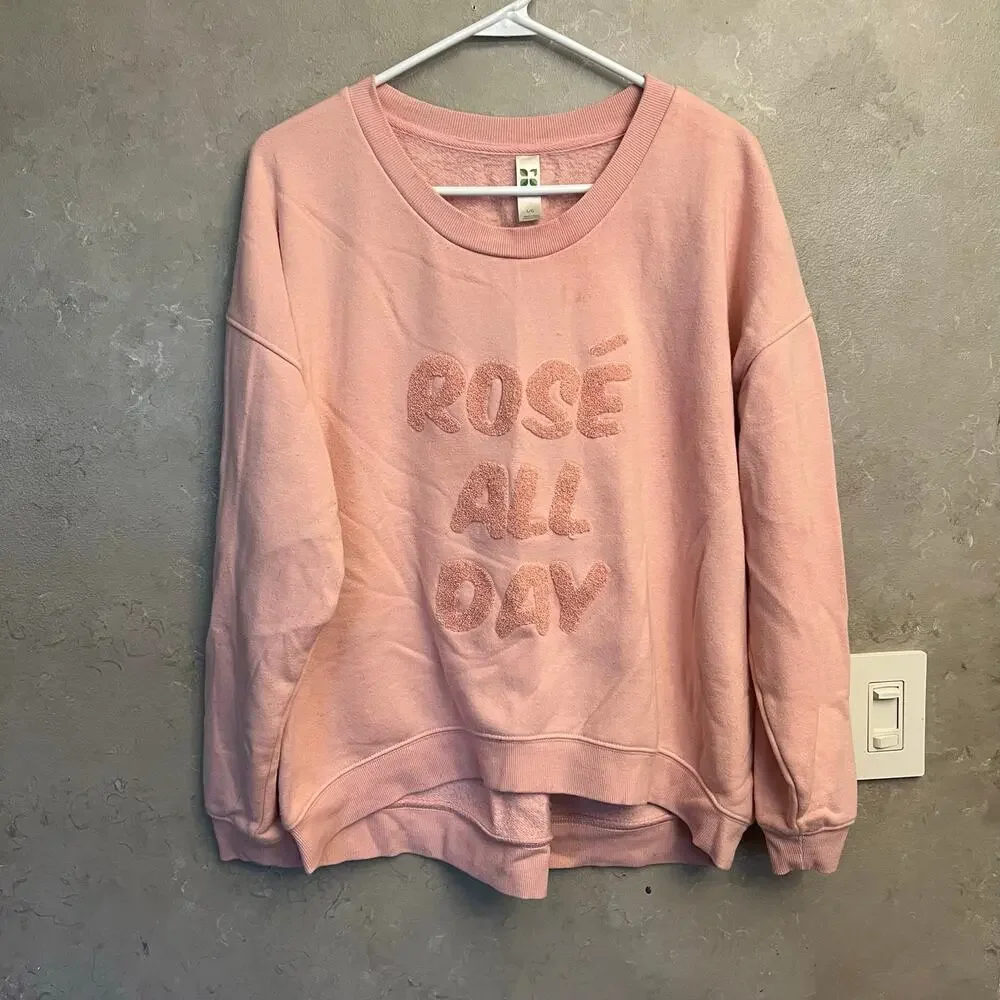 Green Tea Rosé All Day Pink Graphic Sweatshirt Large L Pullover Crewneck Fuzzy - Picture 4 of 9